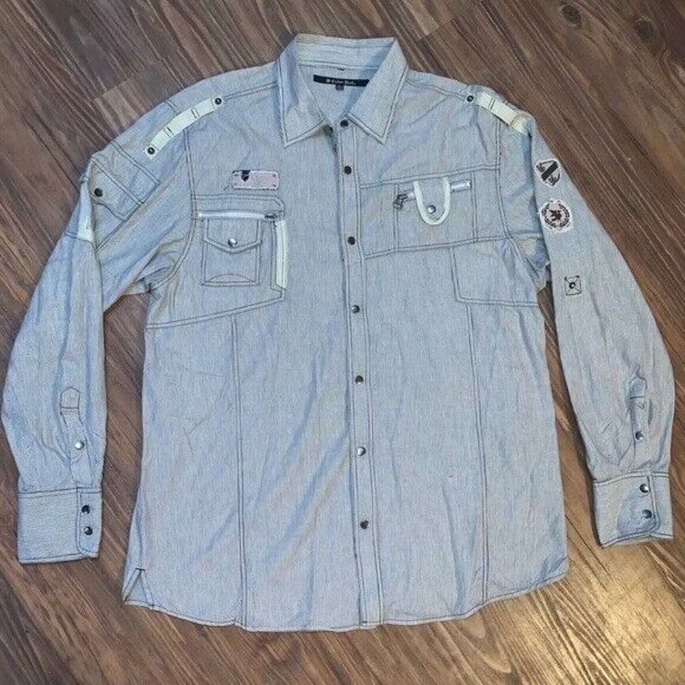 Carbon Black Long Sleeve Button Up Shirt Utility Striped Black‎ Mens Size Xl